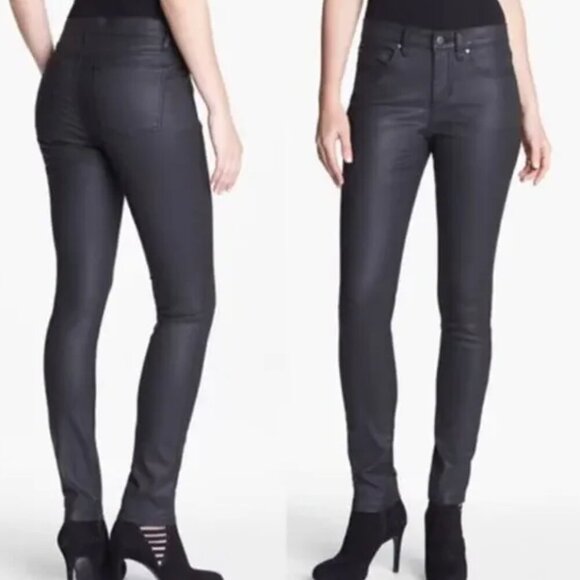 EILEEN FISHER Women's Sz. 6 Black Wax Coated Jeans Mid Rise Skinny Pants - Picture 1 of 11